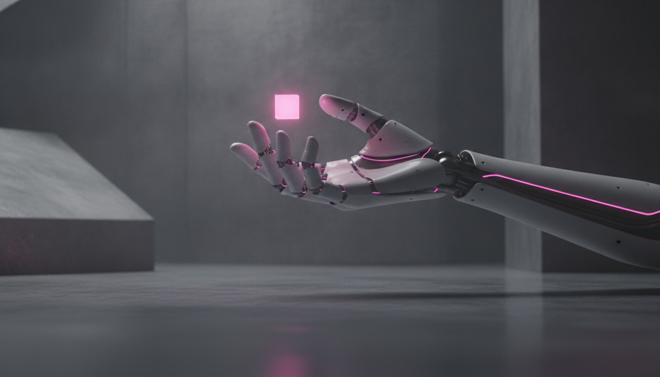 Eine detaillierte Roboterhand mit magentafarben leuchtenden Sehnenlinien balanciert einen Würfel auf den Fingerspitzen — 1X NEOs neue Hände