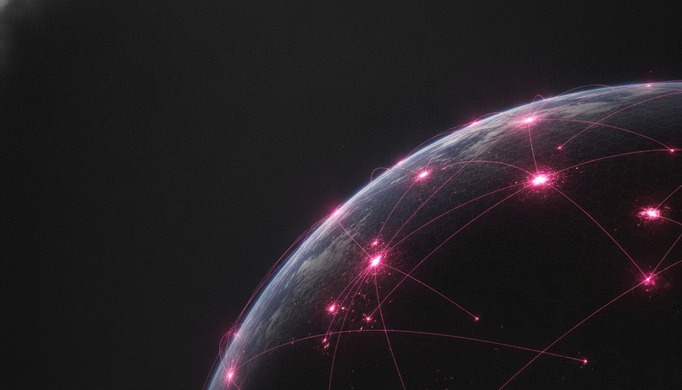 Ein dunkler Planetenhorizont bei Nacht, über den magentafarbene Datenströme zwischen leuchtenden Netzwerkknoten rasen — Sinnbild für den 6G-Datendurchsatz