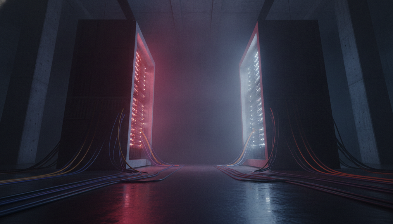 Zwei massive Server-Racks stehen sich in einem dunklen Rechenzentrum gegenüber — AMD fordert Nvidia heraus