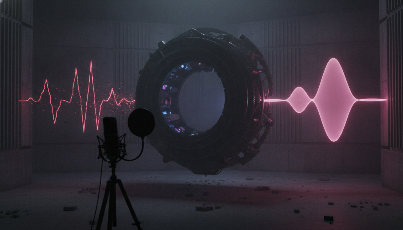Eine kaputte, verrauschte Audiowelle läuft durch eine Maschine und kommt als klare, leuchtende Welle heraus — Auphonic Studio Voice