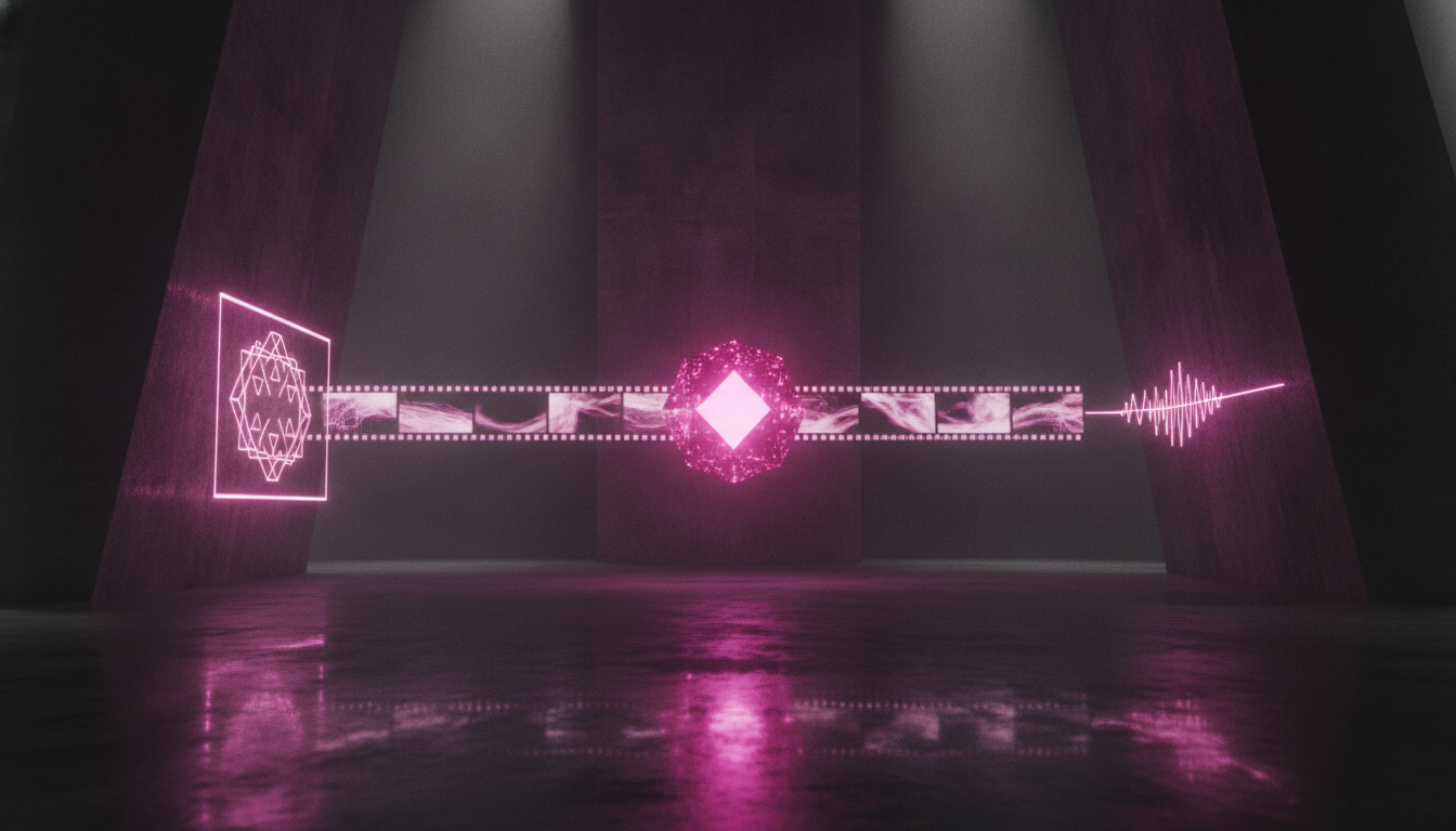 Ein leuchtender magentafarbener Kern strahlt drei Lichtströme aus — Standbild, Bewegtbild-Sequenz und Audiowelle: FLUX 3, ein Modell für Bild, Video und Audio
