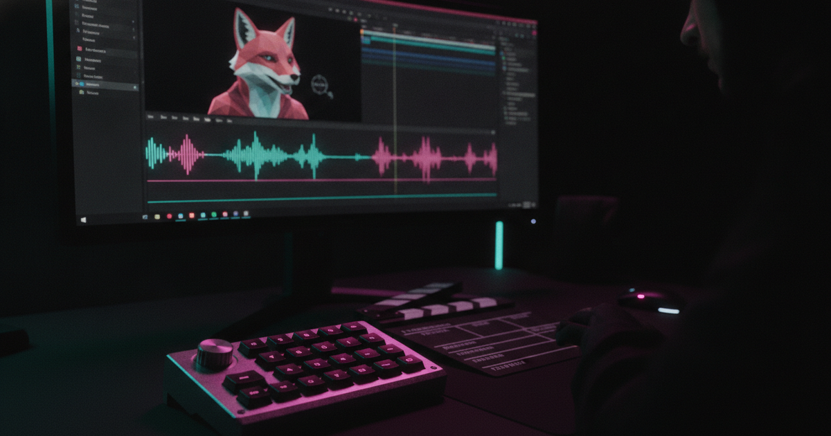 Studio-Desk mit Macro-Tastatur, Filmklappe und sprechendem KI-Fuchs auf dem Monitor