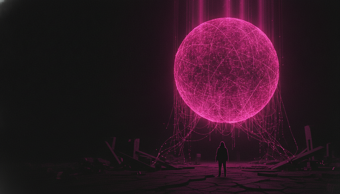 Eine riesige leuchtende magentafarbene Neuronen-Sphäre thront hoch über einer winzigen menschlichen Silhouette — Sinnbild für die Größendifferenz zwischen menschlicher und künstlicher Intelligenz