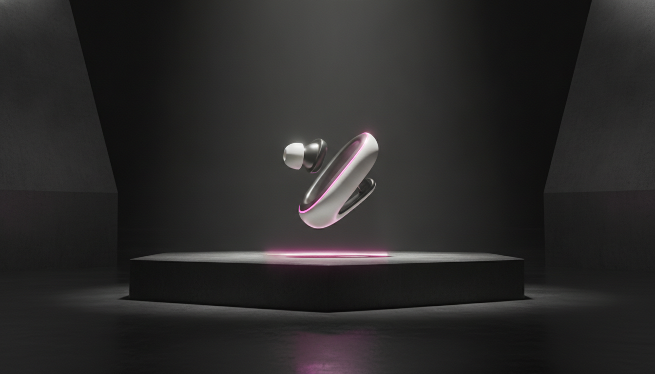 Ein Open-Ear-Clip-Kopfhörer in Perlweiß mit magentafarbenem Lichtsaum schwebt über einem Podest — Shokz OpenDots 2 im Review