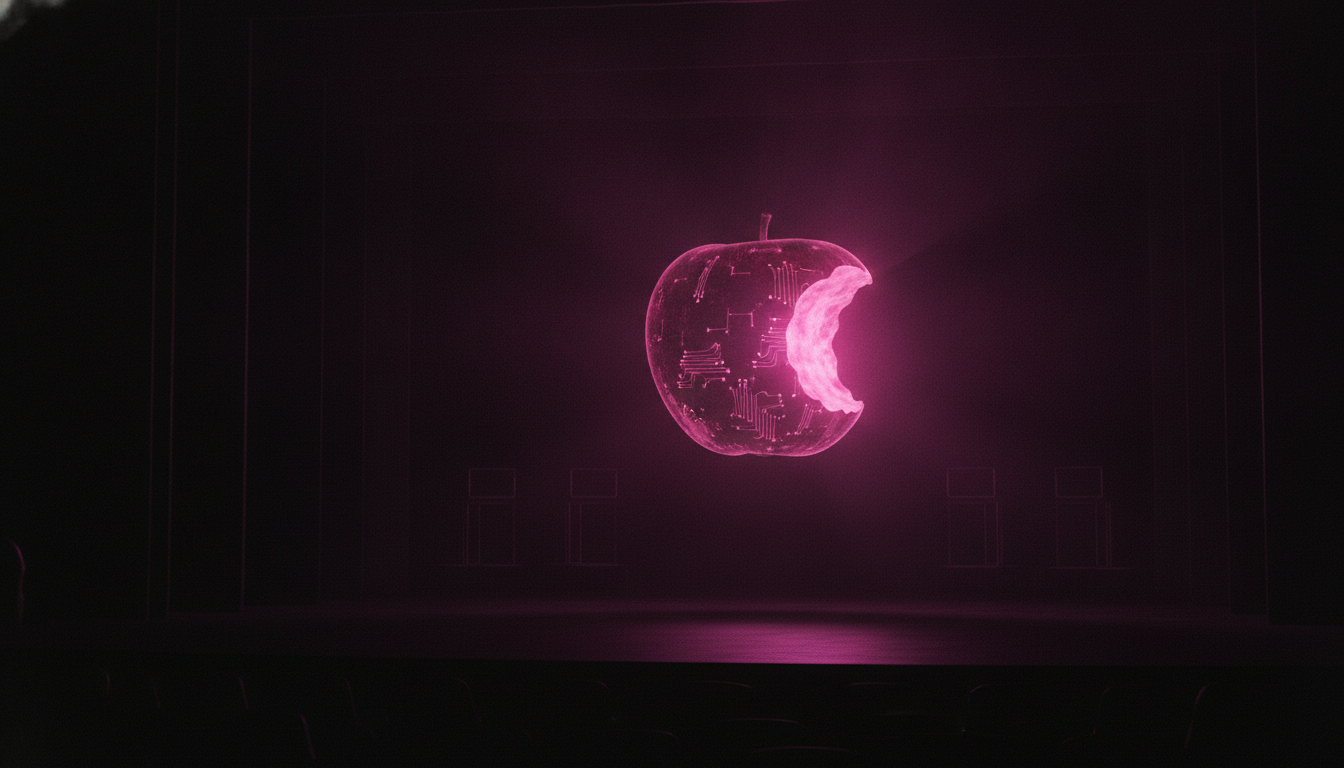 Ein monumentaler angebissener Apfel strahlt magentafarbenes Licht ab — symbolisches Motiv zum Steve-Jobs-Gedankenexperiment